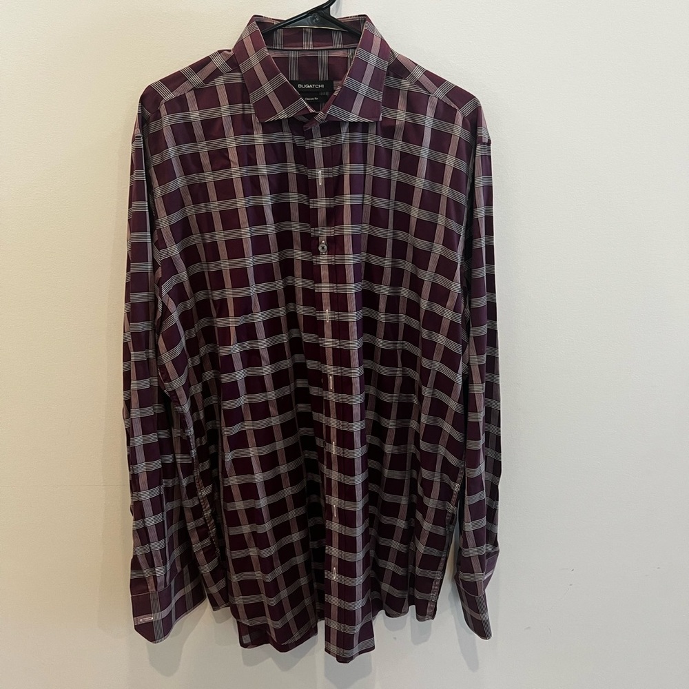Bugatchi Burgundy and Gray Plaid Shirt